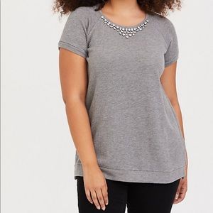 Torrid grey jeweled neck French terry sweater